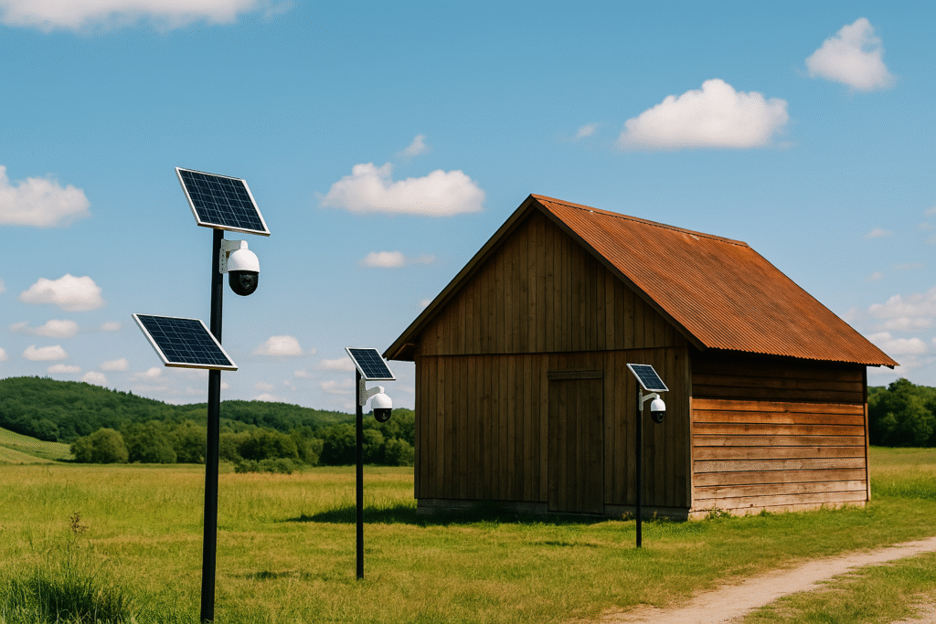 Cobertizo rural protegido con cámaras de vigilancia alimentadas por energía solar