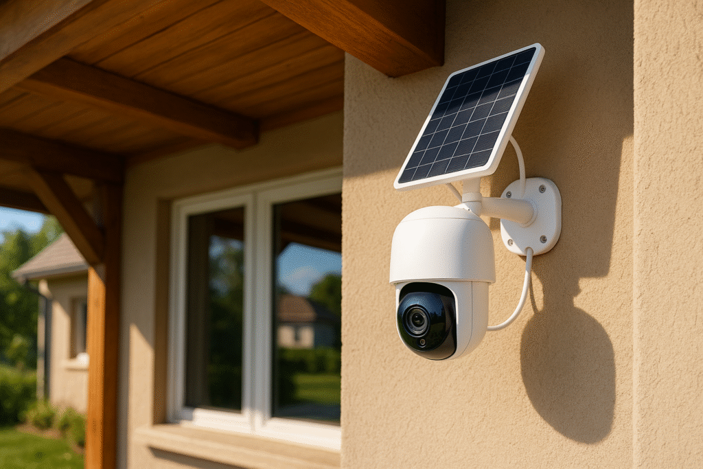 Cámara de vigilancia solar instalada en el porche de una casa unifamiliar