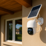 Cámara de vigilancia solar instalada en el porche de una casa unifamiliar
