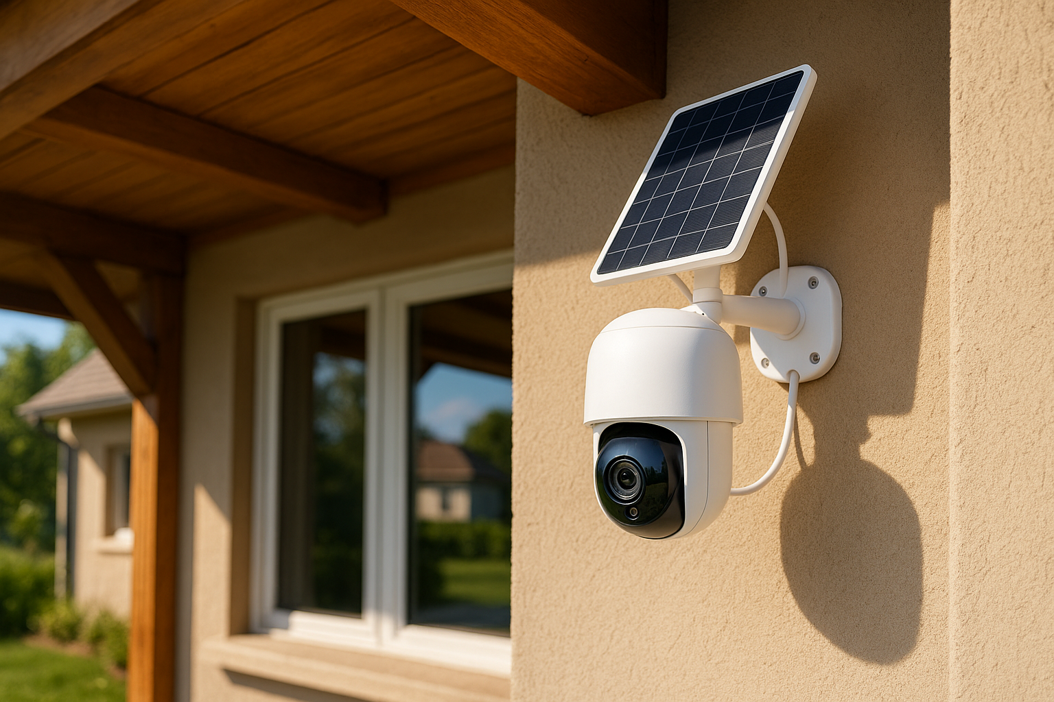 Cámara de vigilancia solar instalada en el porche de una casa unifamiliar
