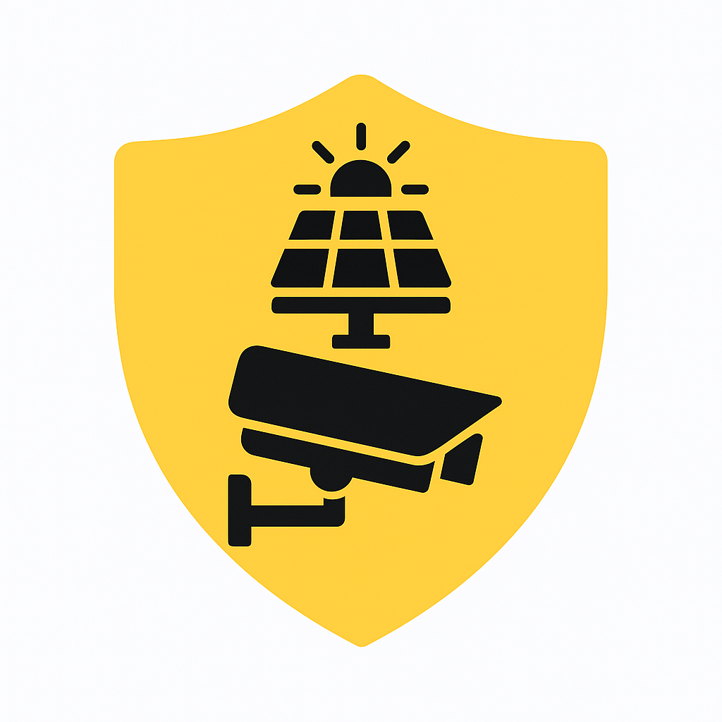 Icono de escudo amarillo con cámara de seguridad y panel solar