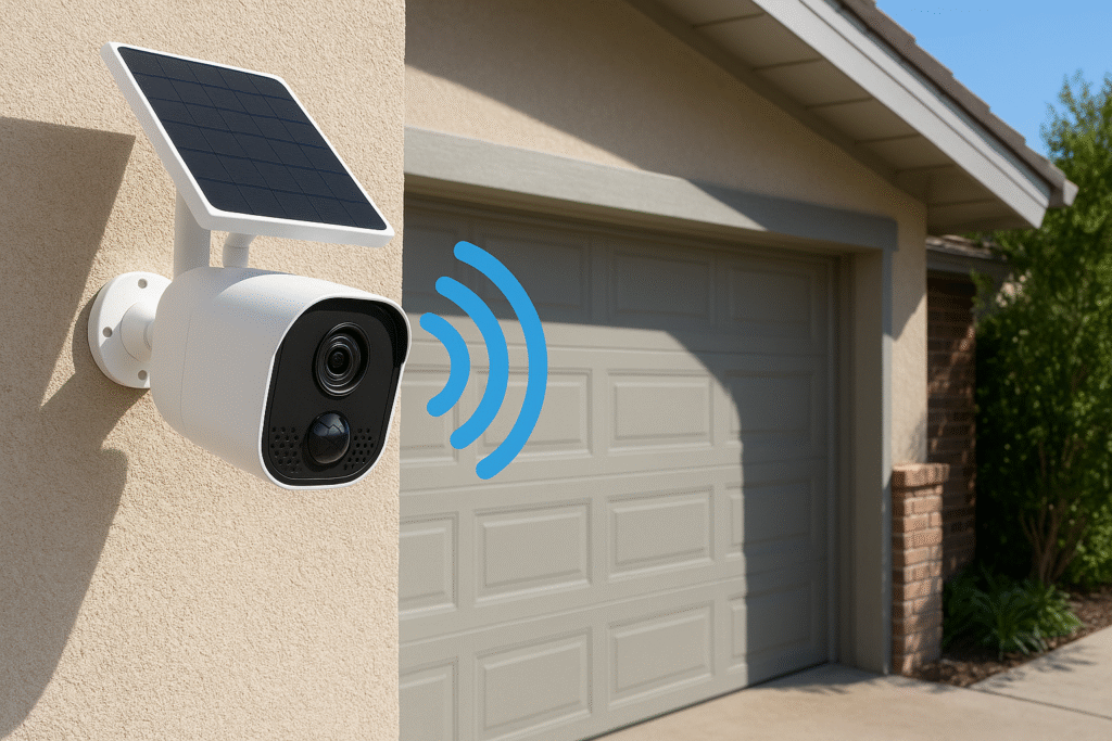 Cámara solar WiFi instalada en la entrada de un garaje particular con señal inalámbrica activa