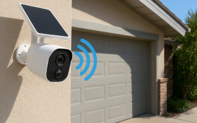 Cámara solar WiFi instalada en la entrada de un garaje particular con señal inalámbrica activa