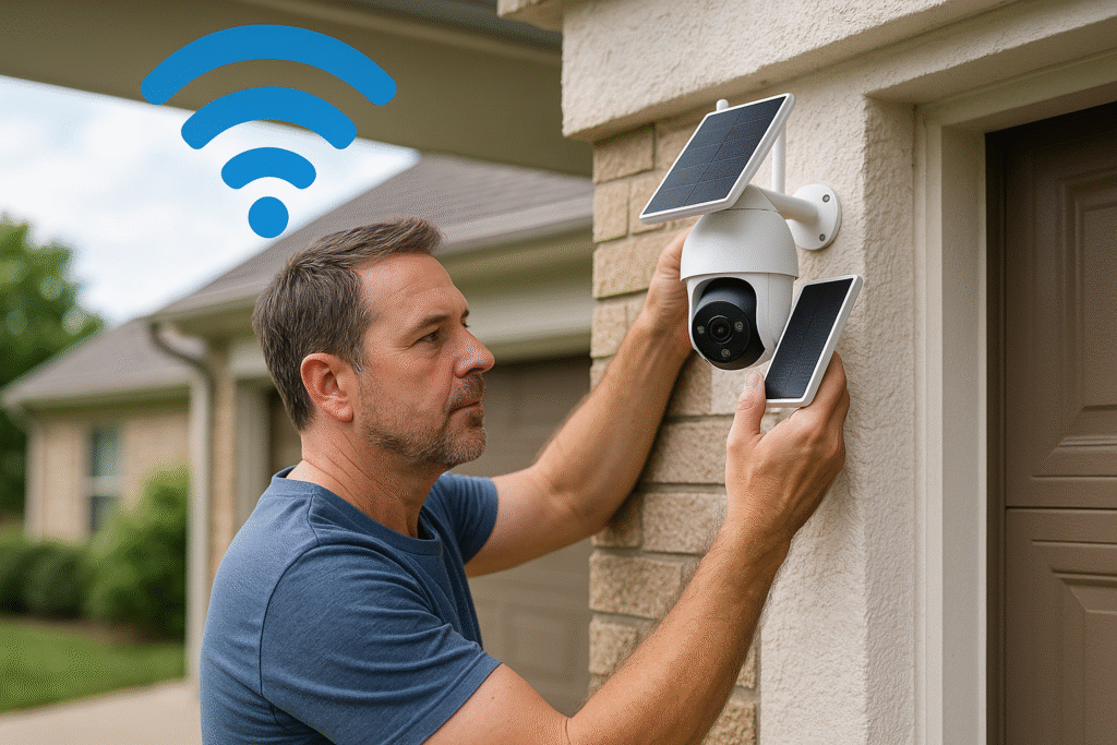 Hombre de mediana edad instalando una cámara de seguridad solar WiFi en la entrada de un garaje