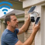 Hombre de mediana edad instalando una cámara de seguridad solar WiFi en la entrada de un garaje