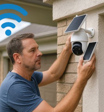 Hombre de mediana edad instalando una cámara de seguridad solar WiFi en la entrada de un garaje