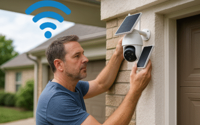 Hombre de mediana edad instalando una cámara de seguridad solar WiFi en la entrada de un garaje