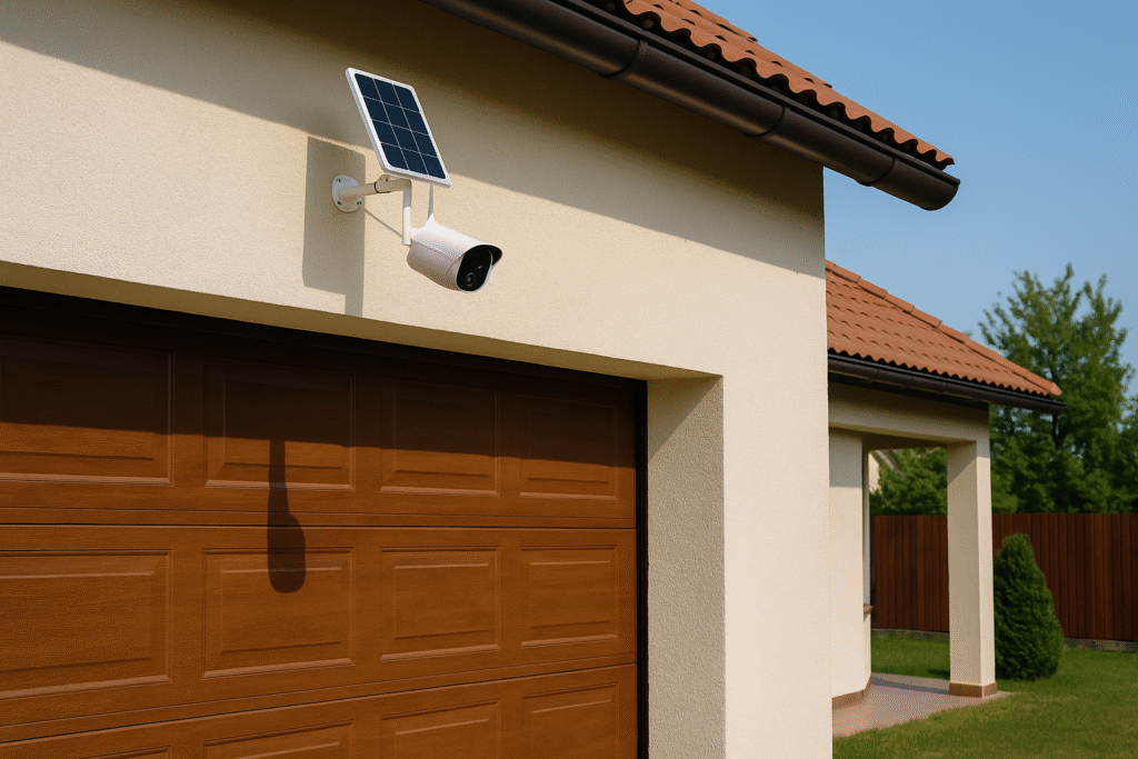 Cámara solar WiFi instalada a 2,5 metros en la entrada de un garaje