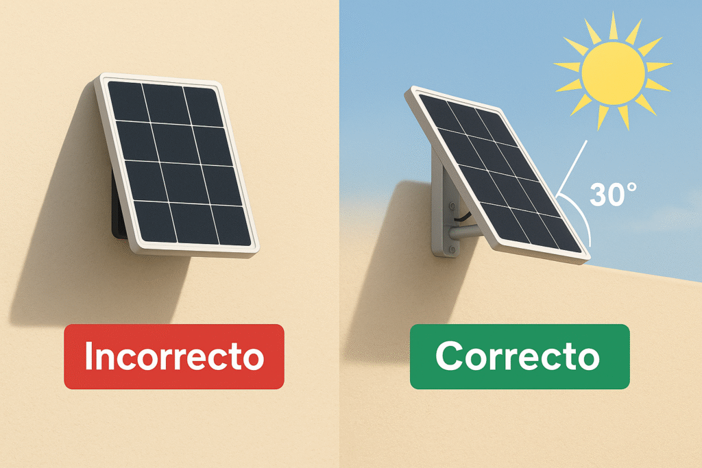 Comparativa de orientación incorrecta y correcta de panel solar para cámara de seguridad