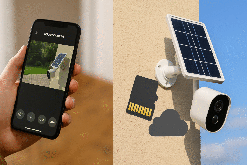 Configuración de cámara solar WiFi en smartphone y opciones de grabación